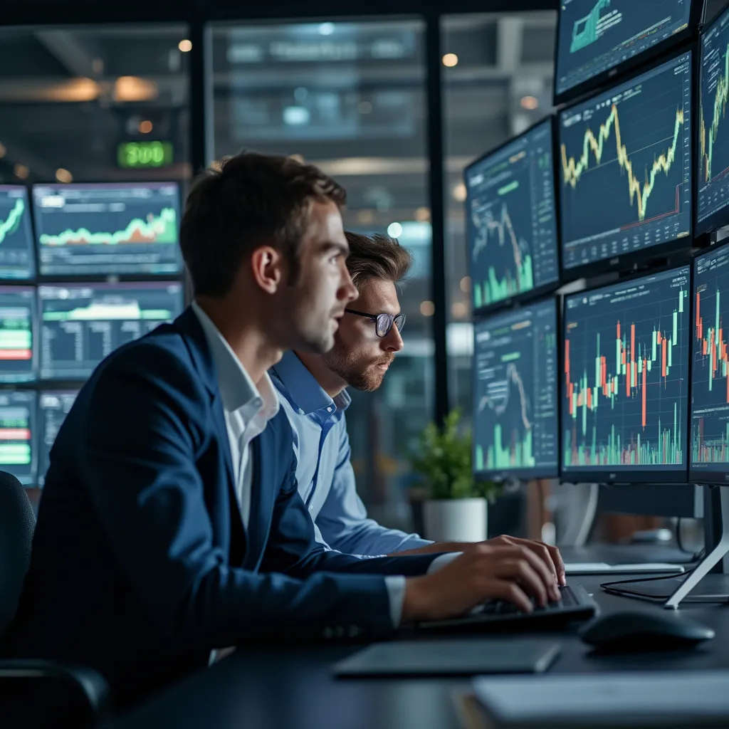 Dos consultores analizando datos financieros complejos en una oficina moderna